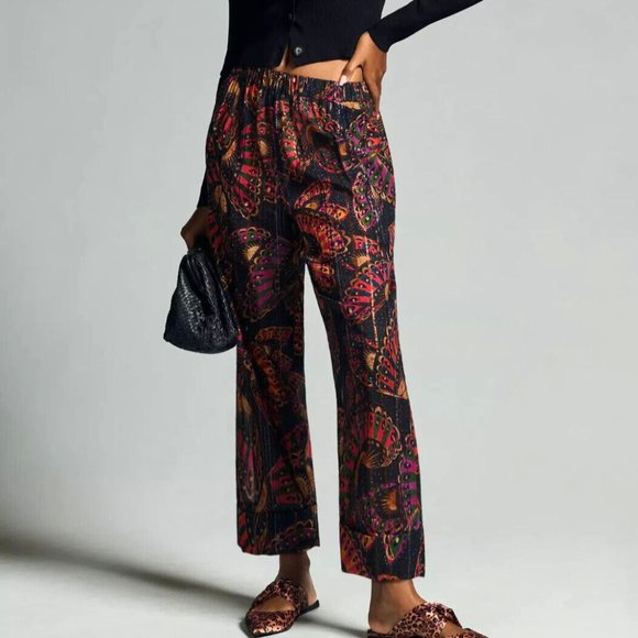 Farm Rio Anthropologie XS NWT Butterfly Printed Pull On Pants Sheer Beach Casual